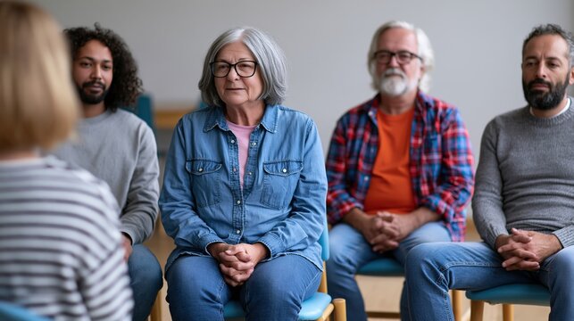Supportive adults in group therapy circle with open seat for newcomer