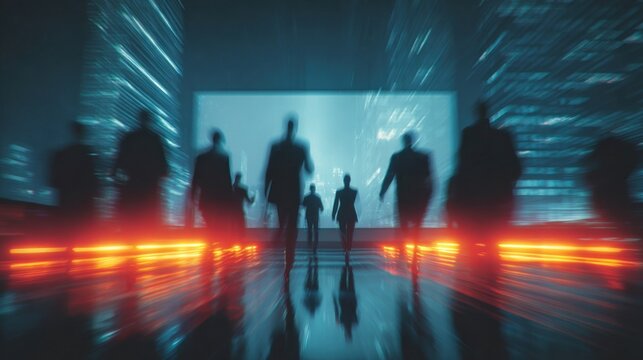 People walking in a city at night with a projection screen