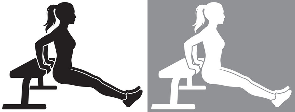 Athletic woman performing triceps bench dip upper body exercise silhouette in black and white variations, premium EPS vector file