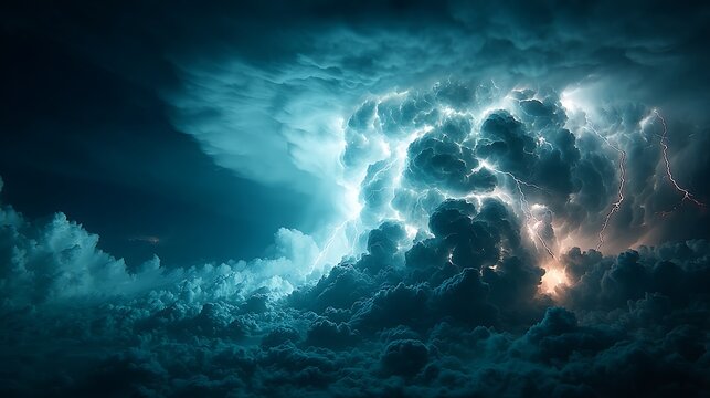 Dramatic teal and white thunderstorm cloud formation with internal lightning flashes