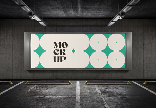 Wide Billboard Mockup in Underground Parking Garage