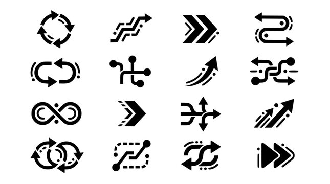 Modern tech arrow icons set with 16 abstract navigation symbols connection path graphics and digital interface pointers flat vector