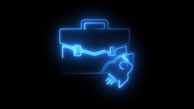 Neon business briefcase and rocket animation for startup growth and entrepreneurship concepts on black background .4k video animation .