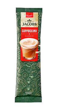 Jacobs cappuccino classic instant coffee stick displaying a foamy drink