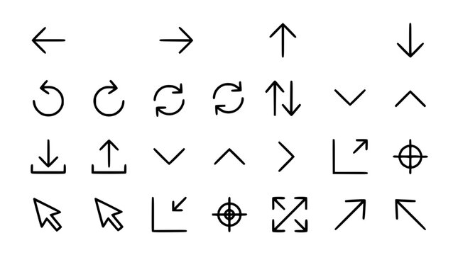 Minimalist arrow line icons set with 20 simple navigation interface symbols next back download and web pointer graphics vector