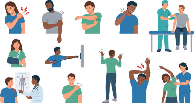 Shoulder Injury Rehabilitation and Physical Therapy Vector Set with Diverse Characters Showing Joint Pain, Arm Sling, Doctor Diagnostics, and Stretching Exercises