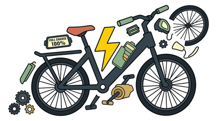 Fototapeta premium Electric bicycle parts illustration with tools and accessories