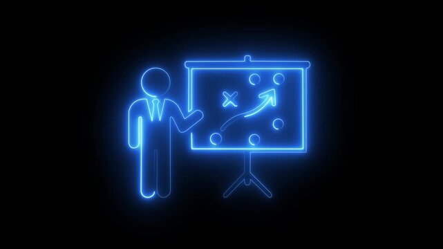 Neon business strategy presentation animation for corporate growth and planning on black background.4k video motion graphic animation .