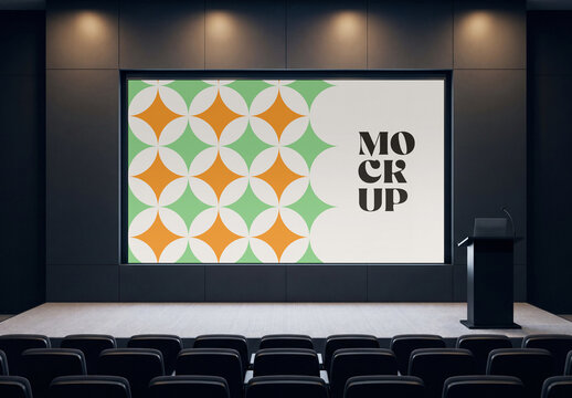 Large Presentation Screen Mockup in Modern Auditorium Conference Hall