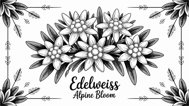 Edelweiss Floral Ornament A Detailed Black And White Vector Illustration With Botanical Elements alpine bloom flower flowers ornament