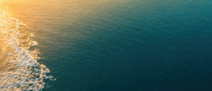 Top view of deep blue ocean with sunlit golden waves and white foam along the left side, creating a dramatic golden hour marine background with copy space