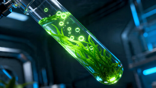 Glowing green algae in futuristic glass bioreactor tube