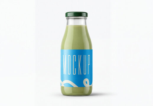 Glass Juice Bottle Mockup with Blank Label on White Background
