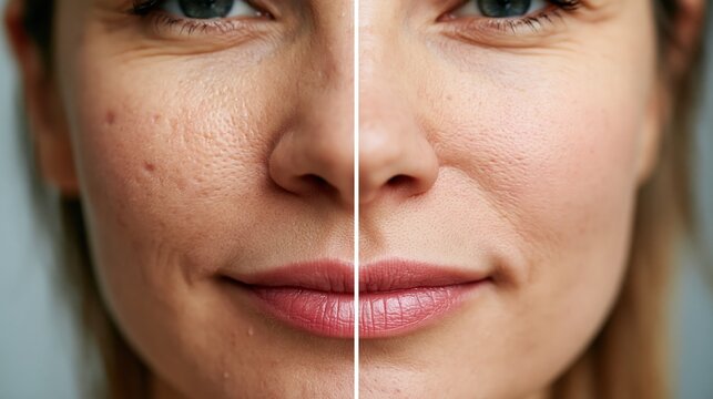 Female face divided to show enlarged pores and smooth skin comparison