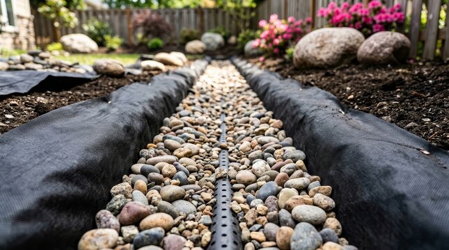 French drain installation featuring perforated pipe with gravel and landscape fabric in a garden trench.
