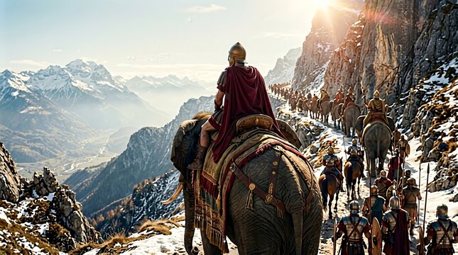 Hannibal Barca leading a Carthaginian army with war elephants through the snowy Alps.