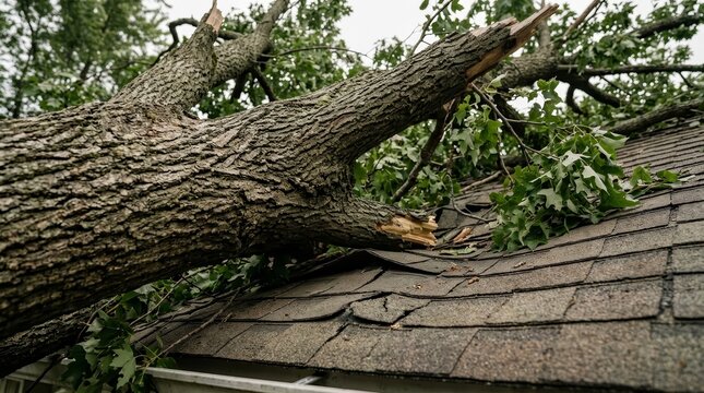 Large fallen tree on house roof with broken shingles and damaged roofing.