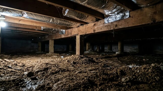 Dim crawl space with exposed wood joists and a dirt floor showing signs of moisture damage.