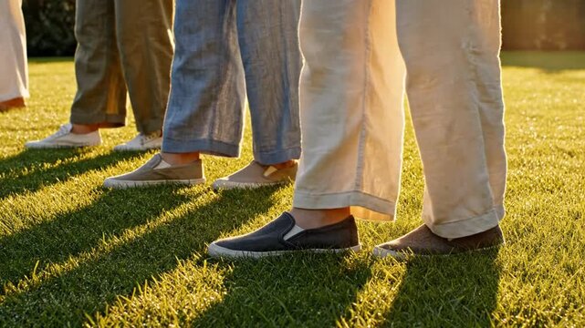 Group Walking on Grass at Sunset, Legs and Feet Close-up, Golden Hour