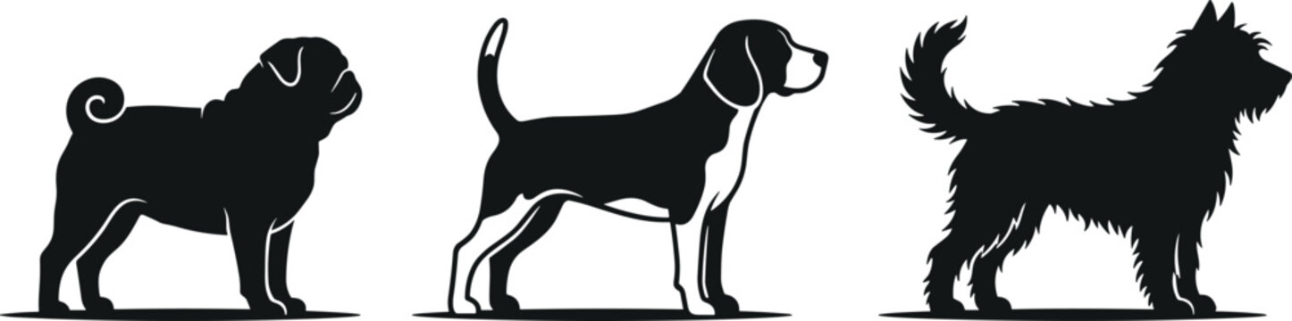 Purebred Dog Breed Silhouette Icon Set Featuring Pug Beagle and Terrier for Pet Care Veterinary Services Animal Lovers and Creative Graphic Designs