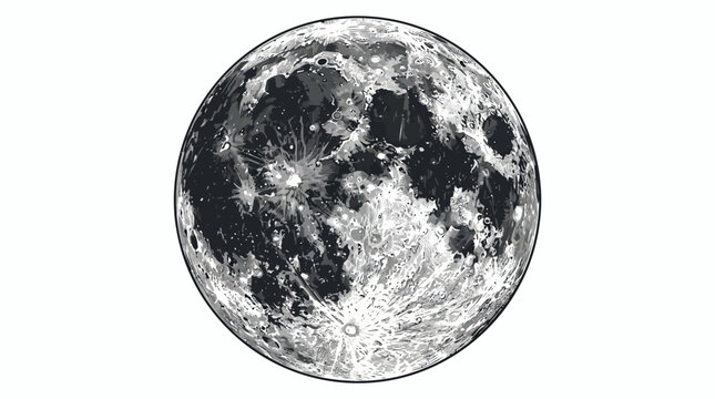 Detailed black and white realistic full moon surface illustration.