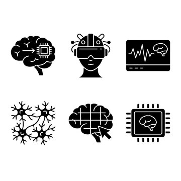 Set of six black flat illustrating brain-computer interfaces, neural networks, artificial intelligence, and medical data visualization