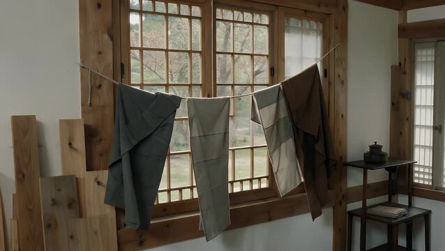 A traditional sacred Buddhist garment used by monastics draped over a windowsill to air dry