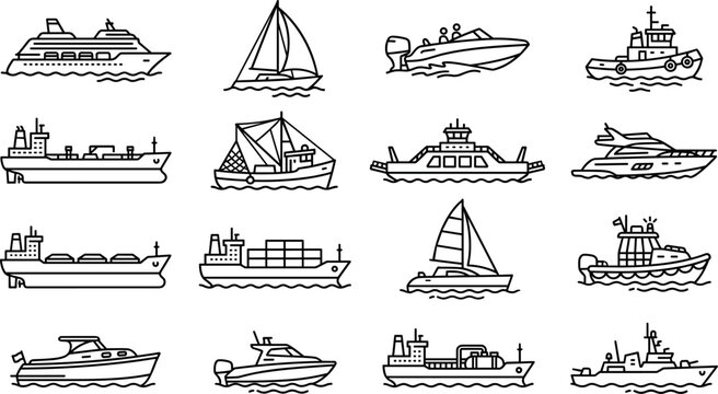 Vector linear icon set featuring various ships and boats like cruise liners sailboats cargo vessels yachts speedboats and fishing trawlers
