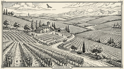 Fototapeta premium Detailed vintage ink sketch of a vineyard valley landscape