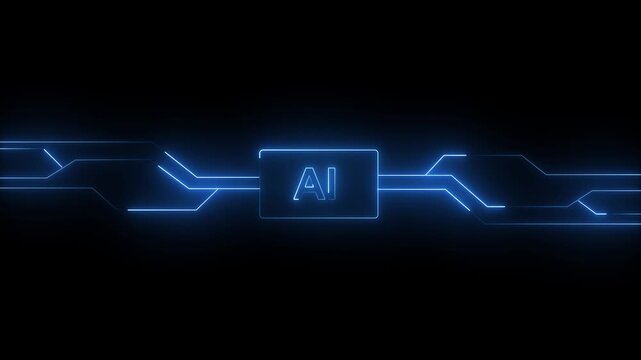Artificial intelligence emblem illuminates with blue neon light within a schematic pattern on a black backdrop to represent sophisticated computing power and futuristic digital network infrastructure.