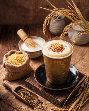 Warm Traditional Roasted Grain Latte in a Cozy Rustic Setting