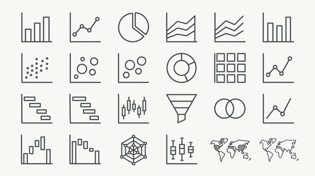Financial data visualization and business chart line icon collection.