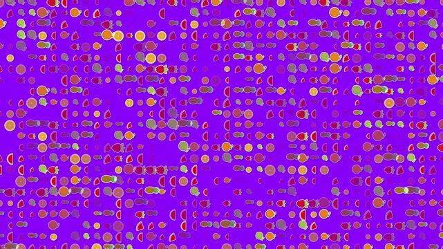 Vibrant Purple Motion Graphic Background Featuring A Dense, Repeating Pattern Of Colorful Cartoon Fruit Icons Like Watermelons, Strawberries, And Oranges. Playful 2d Flat Vector Design Loop With A Che