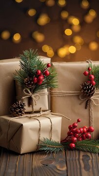 Rustic Christmas gifts with pine cones and red berries on wooden table