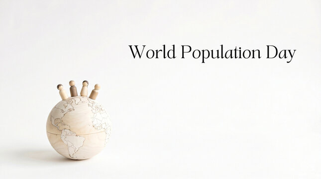 World Population Day concept with wooden globe and peg people, global community and demographics theme, minimalist earth and human figures on white background