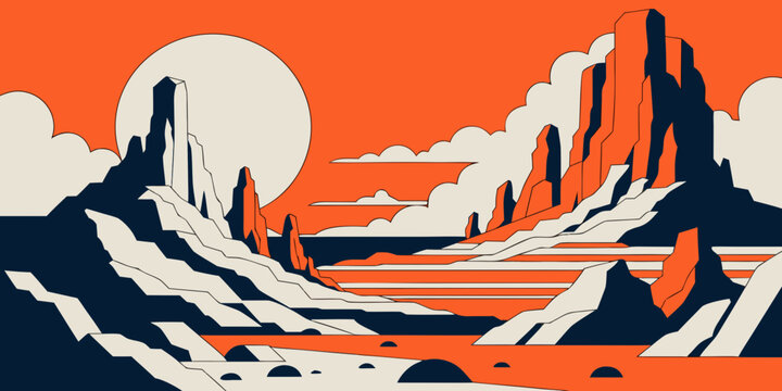 Stylized illustration of a desert landscape with mountains and a large moon man made high quality celestial sphere celestial vault celestial dome celestial canopy celestial firmament landscape