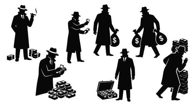 Set of silhouettes of gangsters in trench coats with money and suitcases