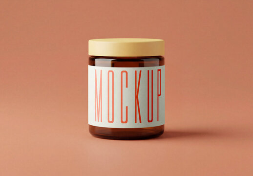 Amber Glass Cosmetic Jar Mockup with Blank Label on Pastel Background