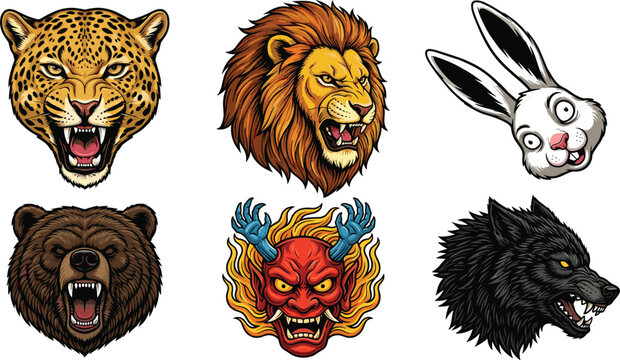 Fierce animal heads and demon mask sticker vector set featuring leopard lion rabbit bear oni and wolf