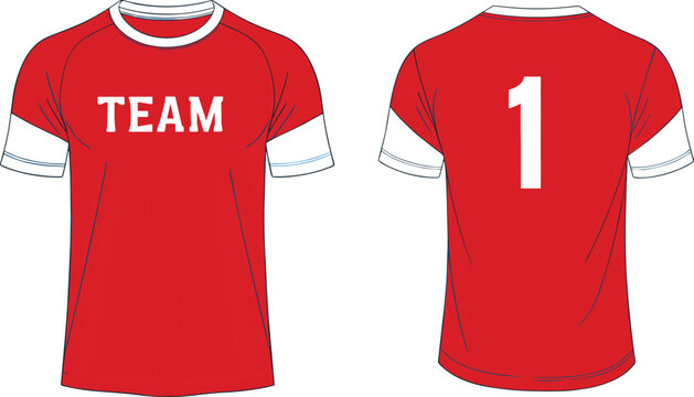 Sports jersey front back view, team name, player number, red uniform, cad drawing flat vector