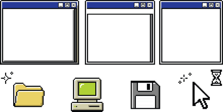 Retro 90s Desktop User Interface Vector Asset Set with Old Computer Monitor Windows File Folder Floppy Disk and Pixel Cursor Arrow Elements