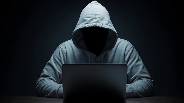 Hacker in hoodie using laptop in dark room