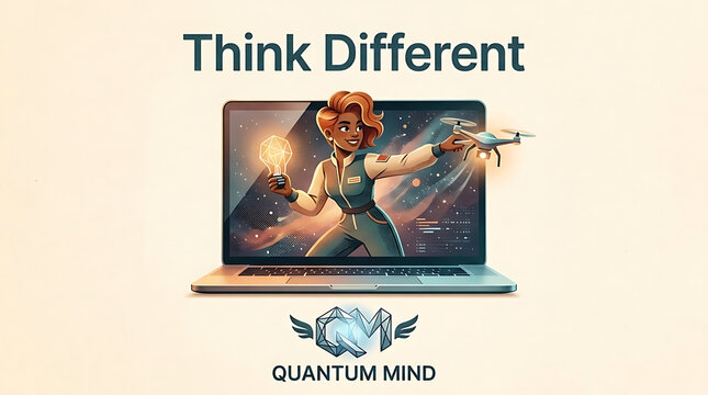 Woman on laptop screen with futuristic background and Think Different text
