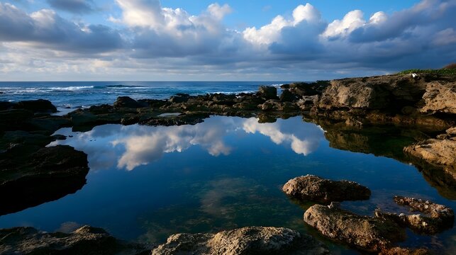 Azure tide pools reflect dramatic skies creating striking shadows and highlights over the tranquil water surface