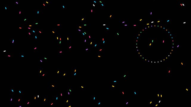 Festive colorful confetti falling with glowing circular light overlay on animation black background