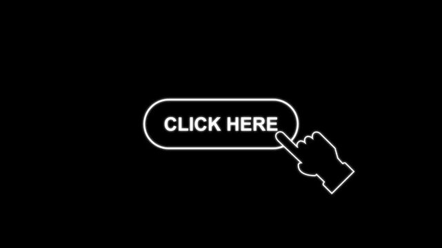 A click here button label with a cursor arrow icon in outlined style on white background for web ui interaction
