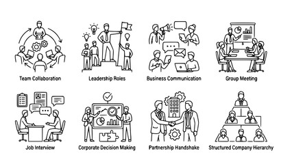Obraz premium Modern Business People Interaction Icons Set with Communication, Leadership and Organizational Structure Concepts