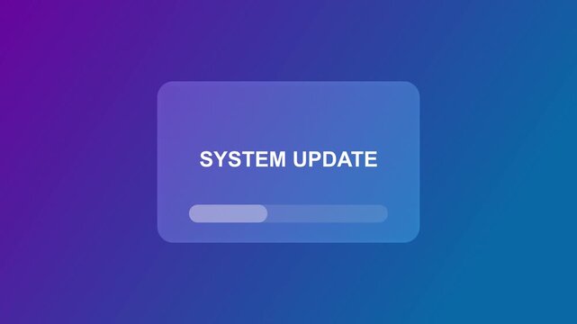 A system update notification with a blue progress bar is displayed inside a sleek glass card on a dark background for a high tech interface look