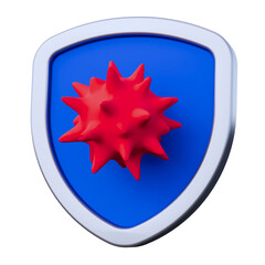 Fototapeta premium A red spiky virus symbol is depicted on a blue shield with a silver border, representing protection and health