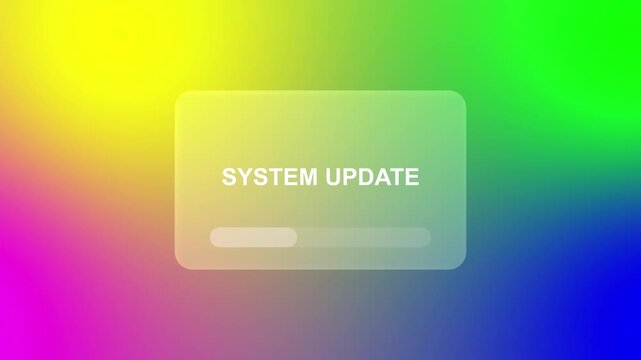 A system update notification with a blue progress bar is displayed inside a sleek glass card on a dark background for a high tech interface look